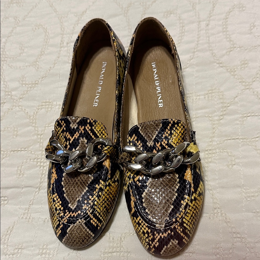 Donald J. Pliner Snake Print Loafers with Chain.